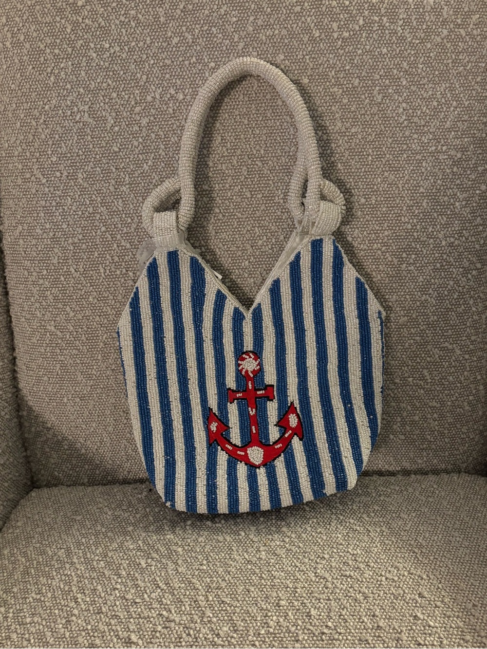 Beaded Striped Anchor Tote Bag - Blue & Red